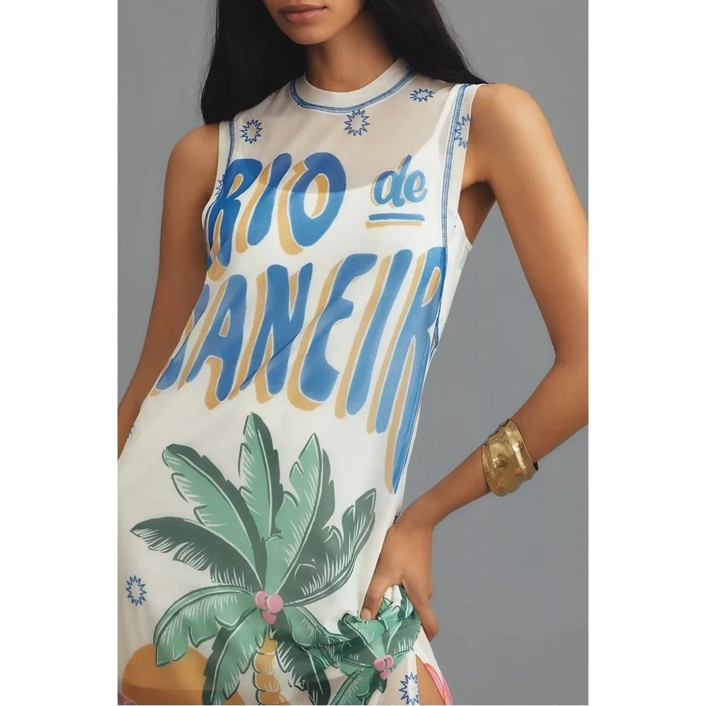 Anthropologie Farm Rio Tropical Mesh Midi Dress Blue White XS Vacation NWT - Picture 2 of 7